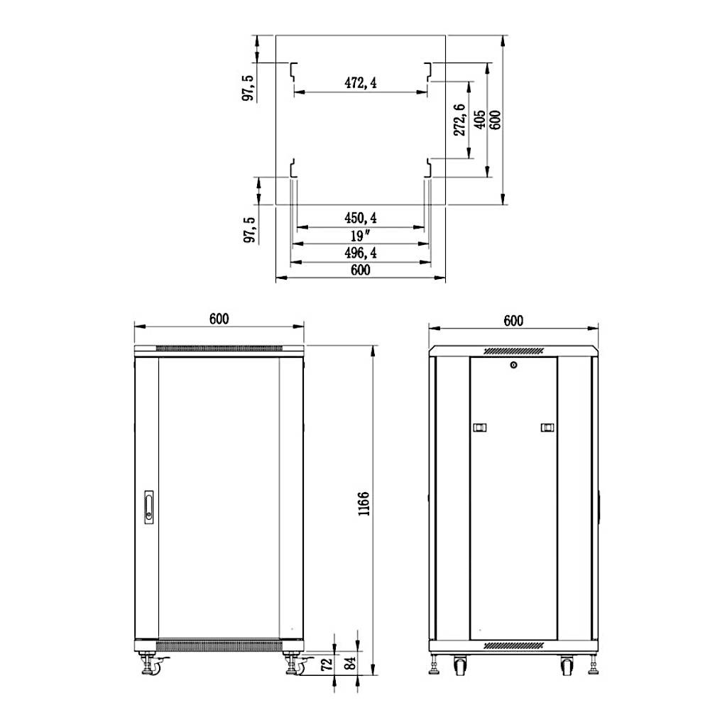 Rack Cabinet 22U 19" 600mm Freestanding S6622